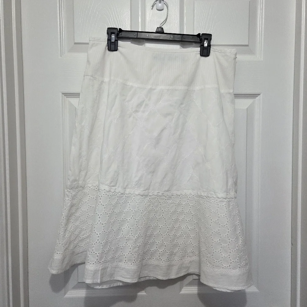 Vintage Requirements White Embroidered Eyelet Cotton Midi Skirt Size 14 Boho - Picture 1 of 10
